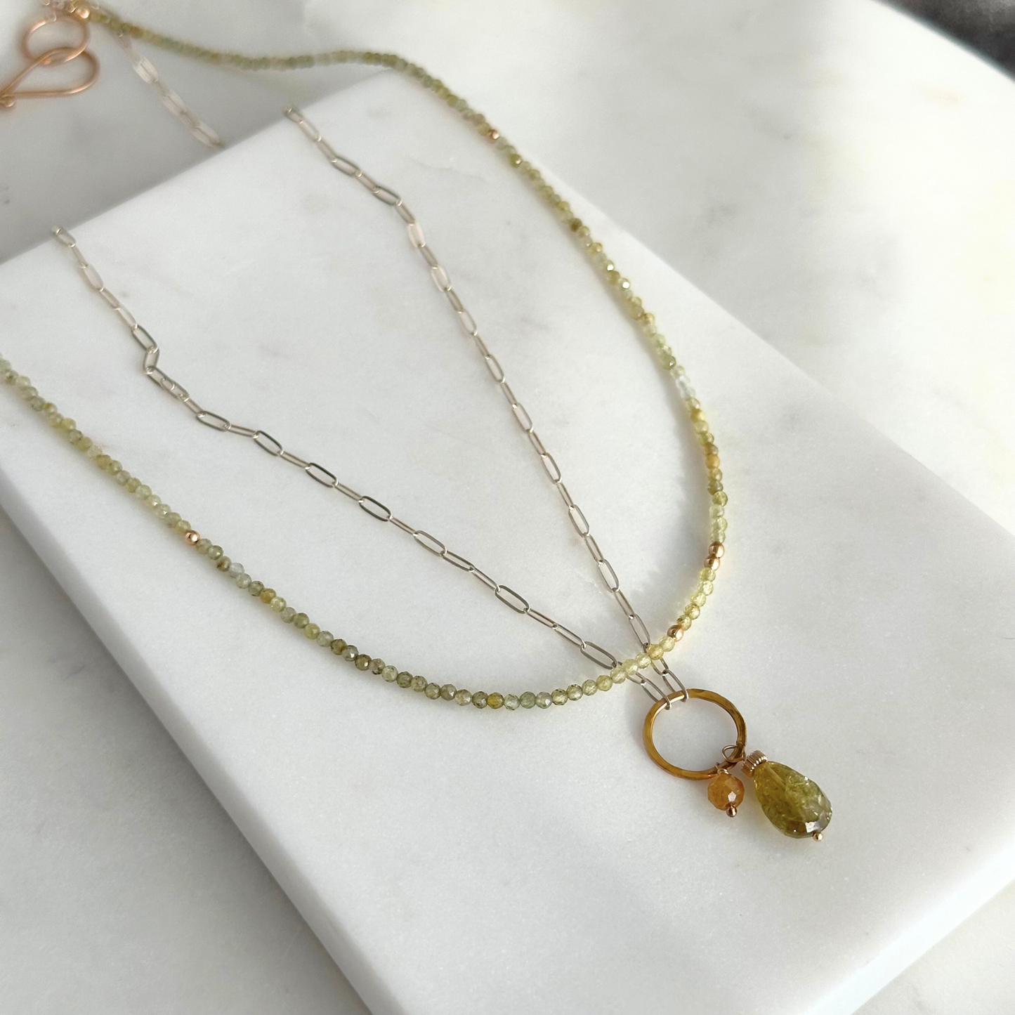 Enlightened Journey - Double Layered Sterling Silver and Gold Hoop Green Garnet Necklace