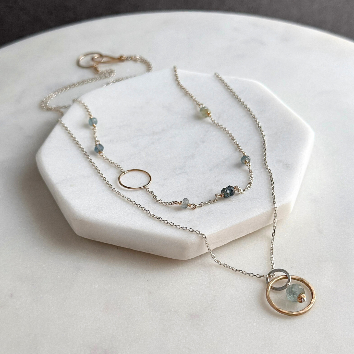 Serene Harmony - Layered Moss Aquamarine Sterling Silver and Gold Hoop Necklace