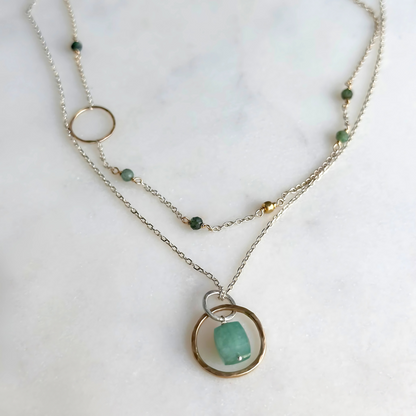 Inspired Serenity - Layered Emerald Sterling Silver and Gold Hoop Necklace