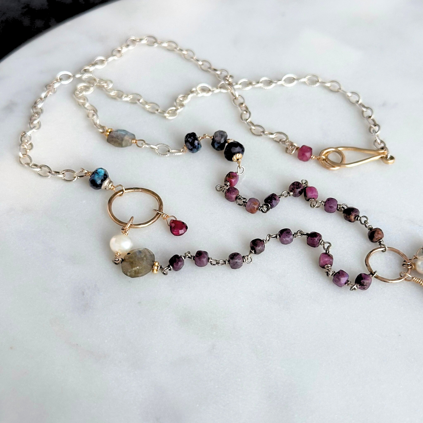 Midnight in Bloom - Beaded Asymmetric Sterling Silver, Ruby and Labroadorite Necklace