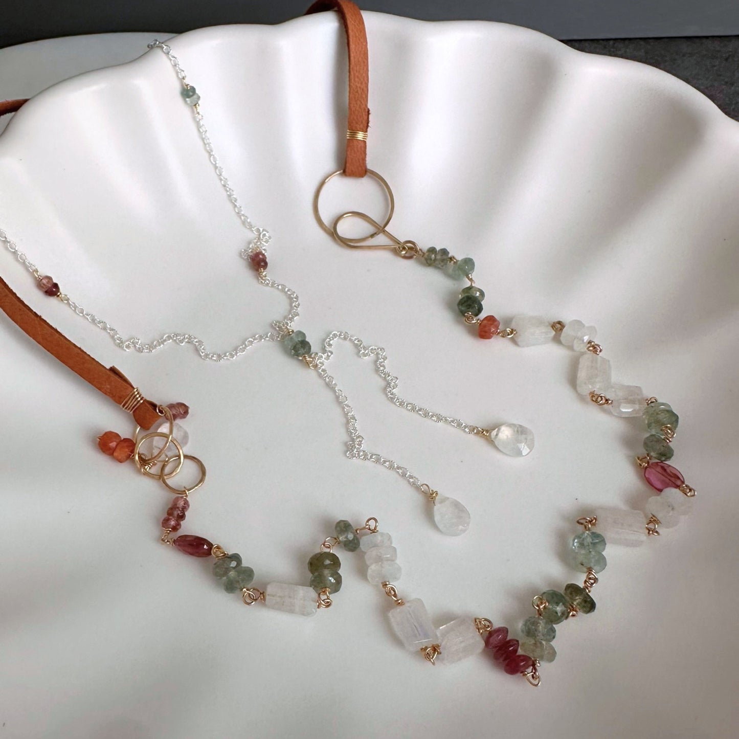 Light of the Moon | Sterling Silver & Gold Lariat with Pink Sapphire and Moss Aquamarine