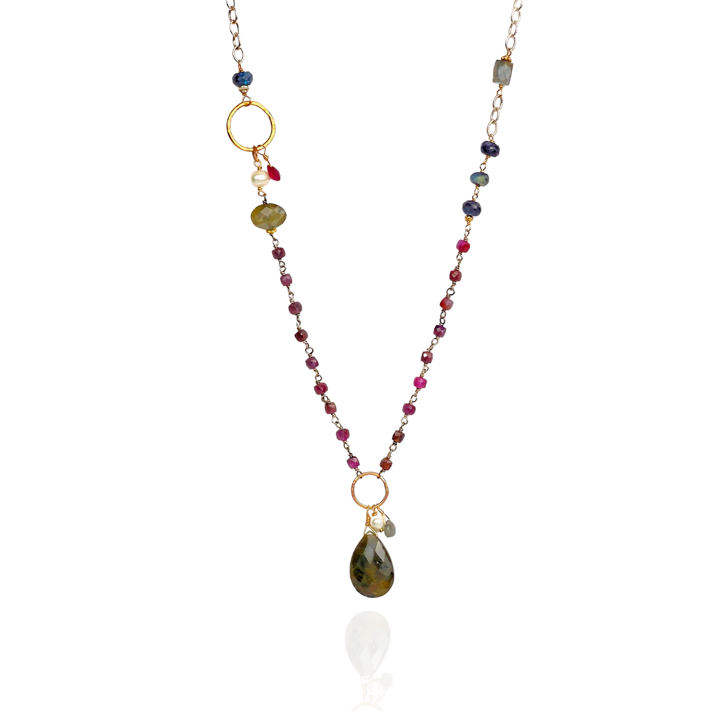 Midnight in Bloom - Beaded Asymmetric Sterling Silver, Ruby and Labroadorite Necklace