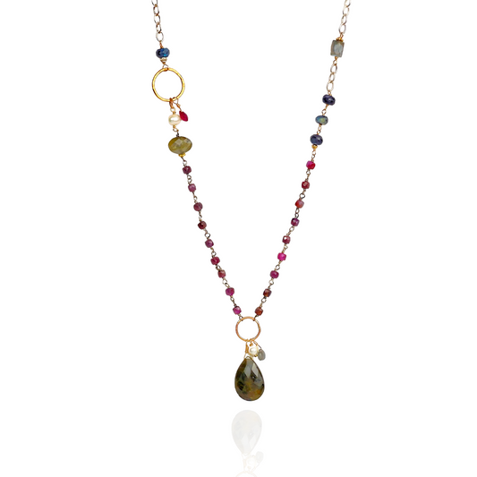 Midnight in Bloom - Beaded Asymmetric Sterling Silver, Ruby and Labroadorite Necklace