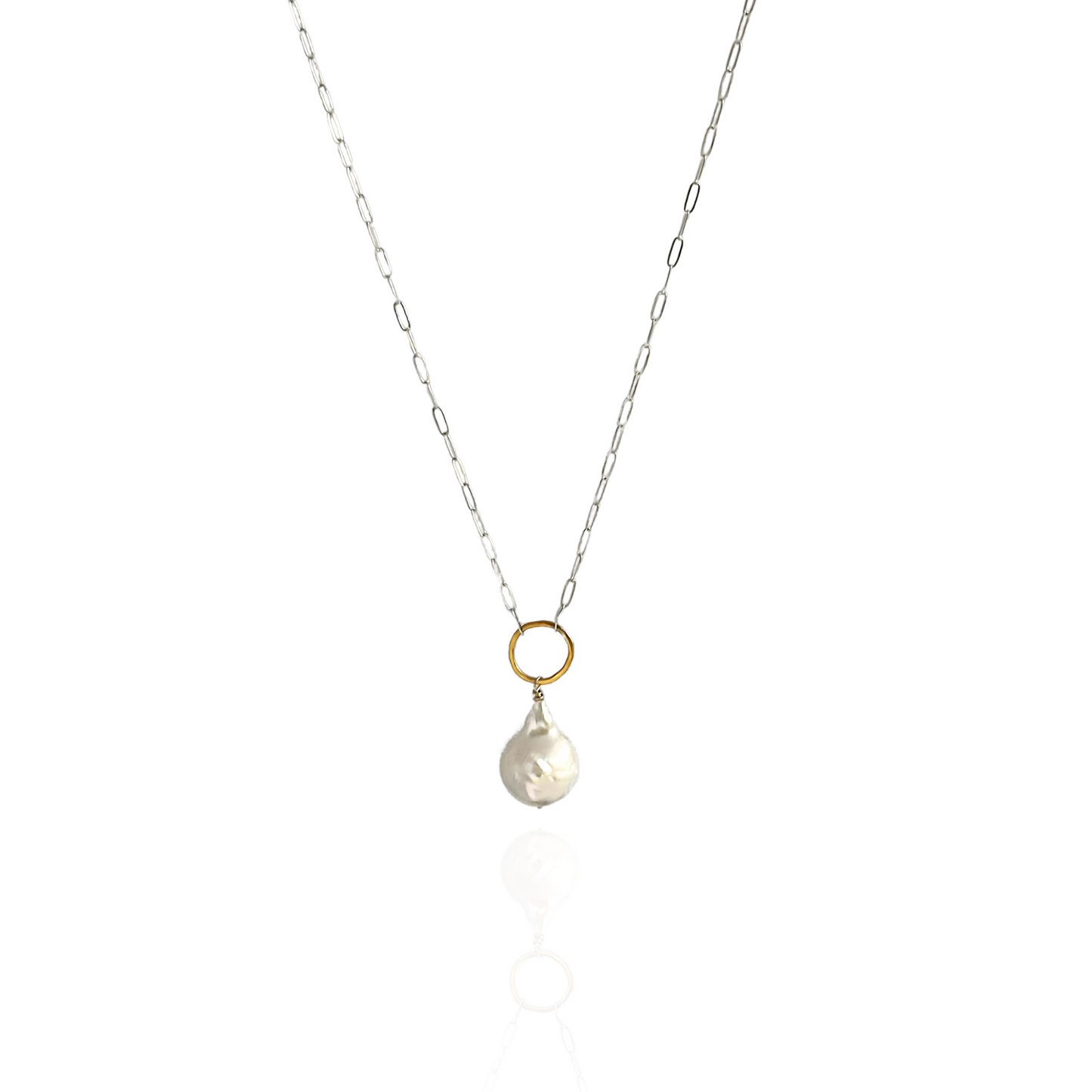 Elegant Whisper - Sterling Silver and Gold Hoop Freshwater Pearl Necklace