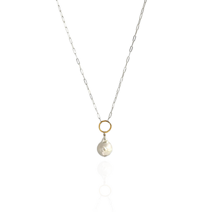 Elegant Whisper - Sterling Silver and Gold Hoop Freshwater Pearl Necklace