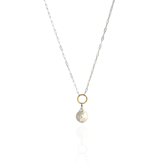 Elegant Whisper - Sterling Silver and Gold Hoop Freshwater Pearl Necklace