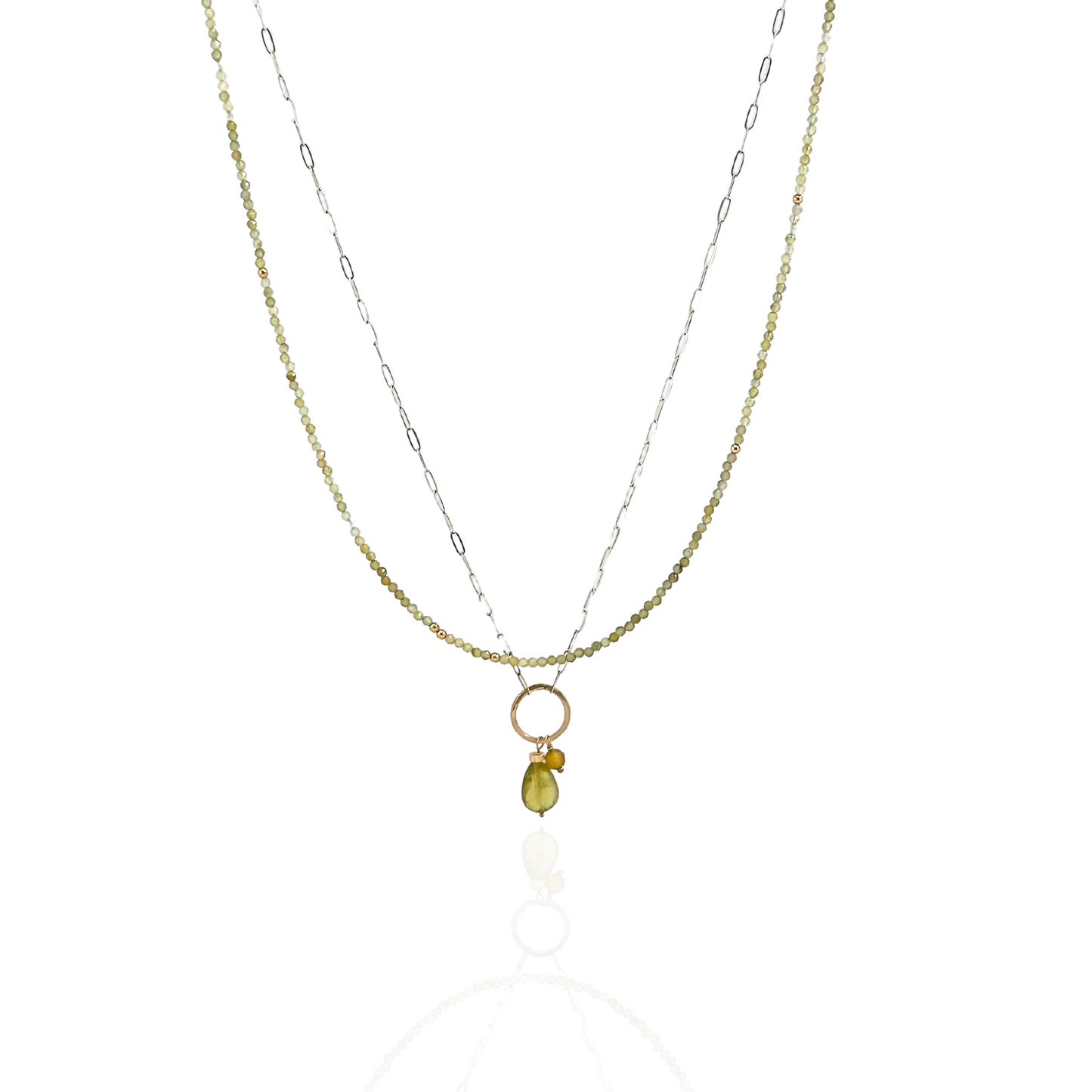 Enlightened Journey - Double Layered Sterling Silver and Gold Hoop Green Garnet Necklace