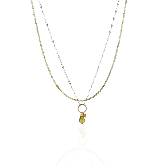 Enlightened Journey - Double Layered Sterling Silver and Gold Hoop Green Garnet Necklace