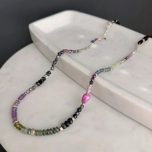 Lavender Field | Boho Leather & SS Iolite, Prehnite, Amethyst, Pink Sapphire & Moss Aquamarine Long Beaded Necklace